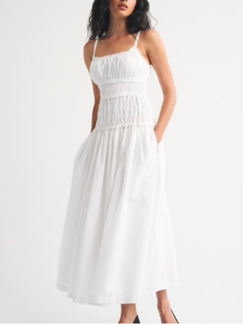 White Cotton Smocked Drop Waist Maxi Dress